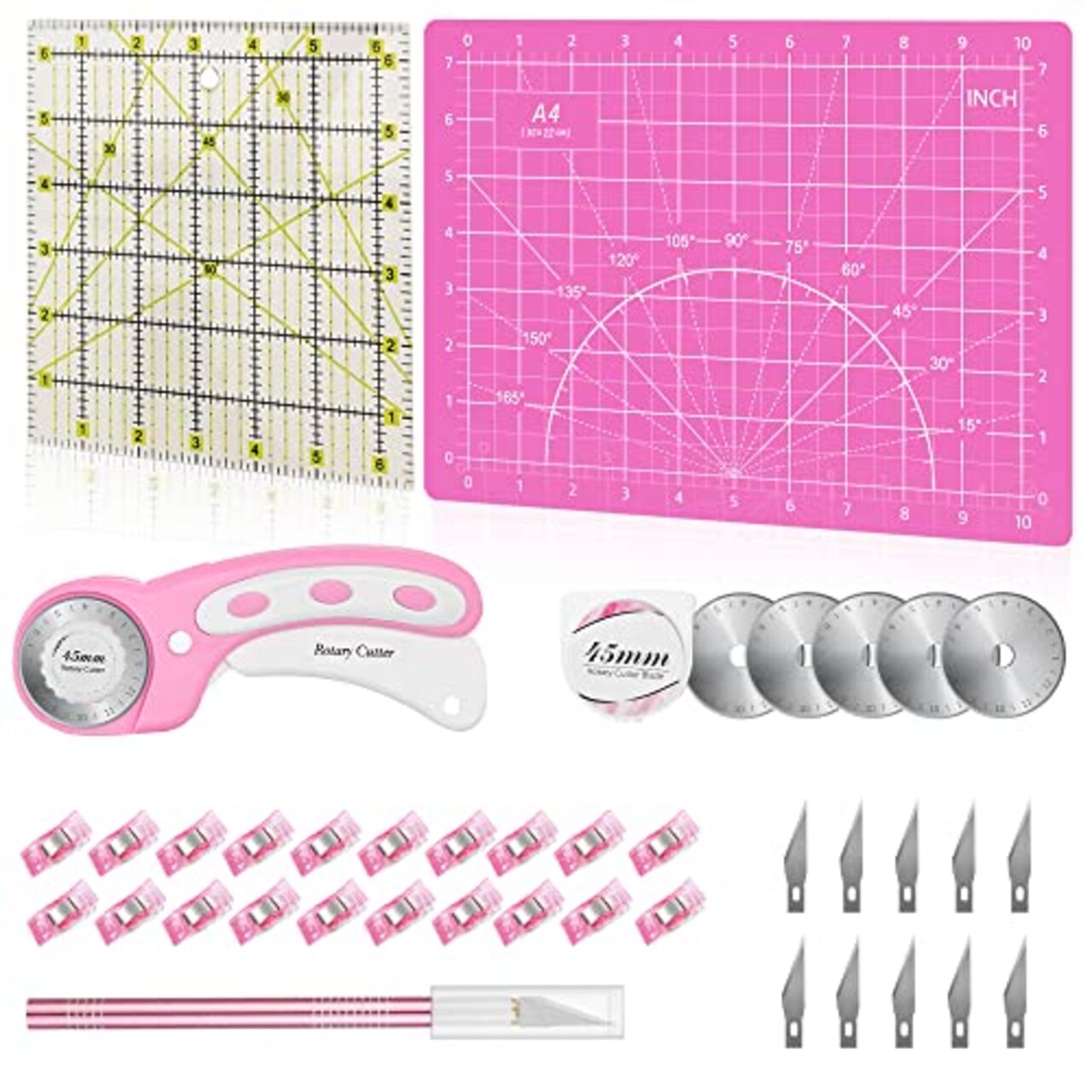 39 Pcs Rotary Cutter Set Pink - Quilting Kit incl. 45mm Fabric Cutter with  5 Extra Blades, A4 Cutting Mat, Craft Knife Set, Quilting Ruler and Sewing  Clips, Ideal for Crafting, Sewing, Patchworking
